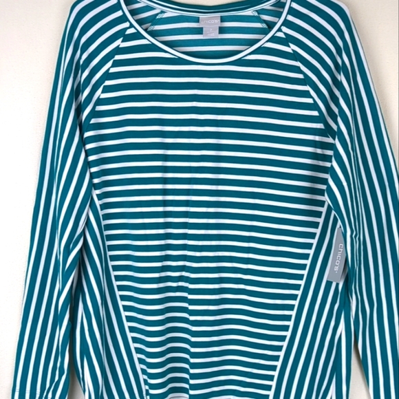 Chicos 2 (US Size L) White & Green Striped Top Women's Shirt Long Sleeve - Picture 2 of 12